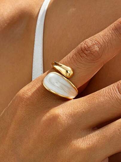 1pc Personalized Design Metal Contrast Color Summer Vacation Beach Style Handmade Drip Oil White Geometric Open Ring For Women