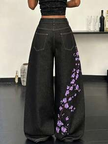 Korean Streetwear Unique Embroidered Women's Jeans Daily Commute Casual Loose Wide Leg Pants Comfortable All Season Versatile Long Pants (No Belt Or Accessories Included.) - Purple - View 6