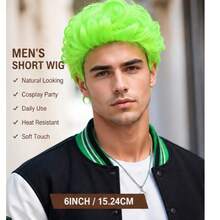 6-Inch Fluorescent Green Men's Short Curly Hair, Fluffy Afro Style, Made Of High-Temperature Synthetic Fiber, Easy To Style And Wear, Perfect For Parties, Anime Cosplay, And Holiday Outfits. - Green - View 3