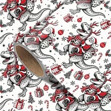 1Set Vintage Dinosaur Christmas Wrapping Paper , Holiday Gift Wrap Paper With Santa Riding Dinosaurs, Reindeer, Christmas Trees, Candy Canes, And Retro Sketch Design For Xmas Gifts, Party Decorations, And Birthday Presents,Includes Christmas Stickers - E - View 1