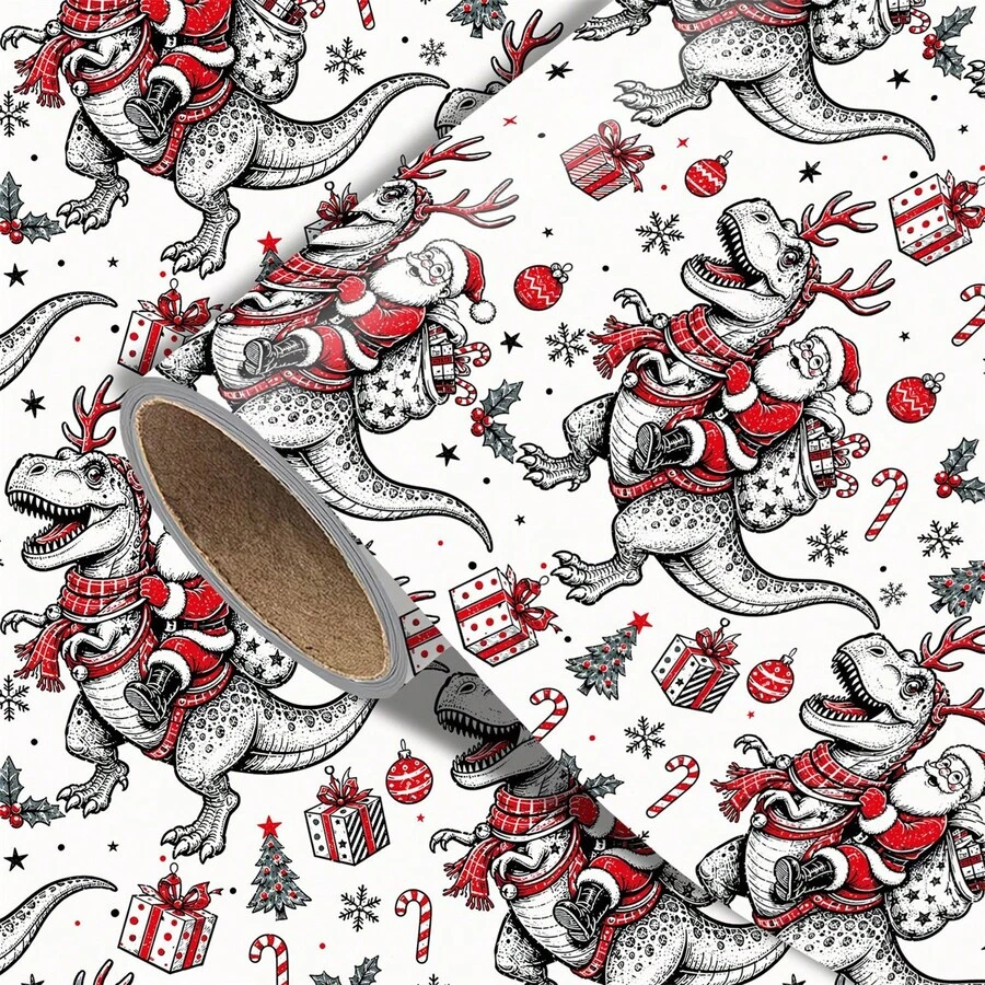 1Set Vintage Dinosaur Christmas Wrapping Paper , Holiday Gift Wrap Paper With Santa Riding Dinosaurs, Reindeer, Christmas Trees, Candy Canes, And Retro Sketch Design For Xmas Gifts, Party Decorations, And Birthday Presents,Includes Christmas Stickers - E - View 1