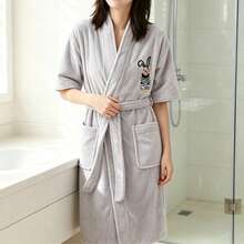 Cartoon Embroidered Short Sleeve Bathrobe For Women, Absorbent Quick-Dry Towel Material Wearable Bath Towel, Summer Lightweight Tie-Front Double Pocket Bath Robe - Grey - View 5
