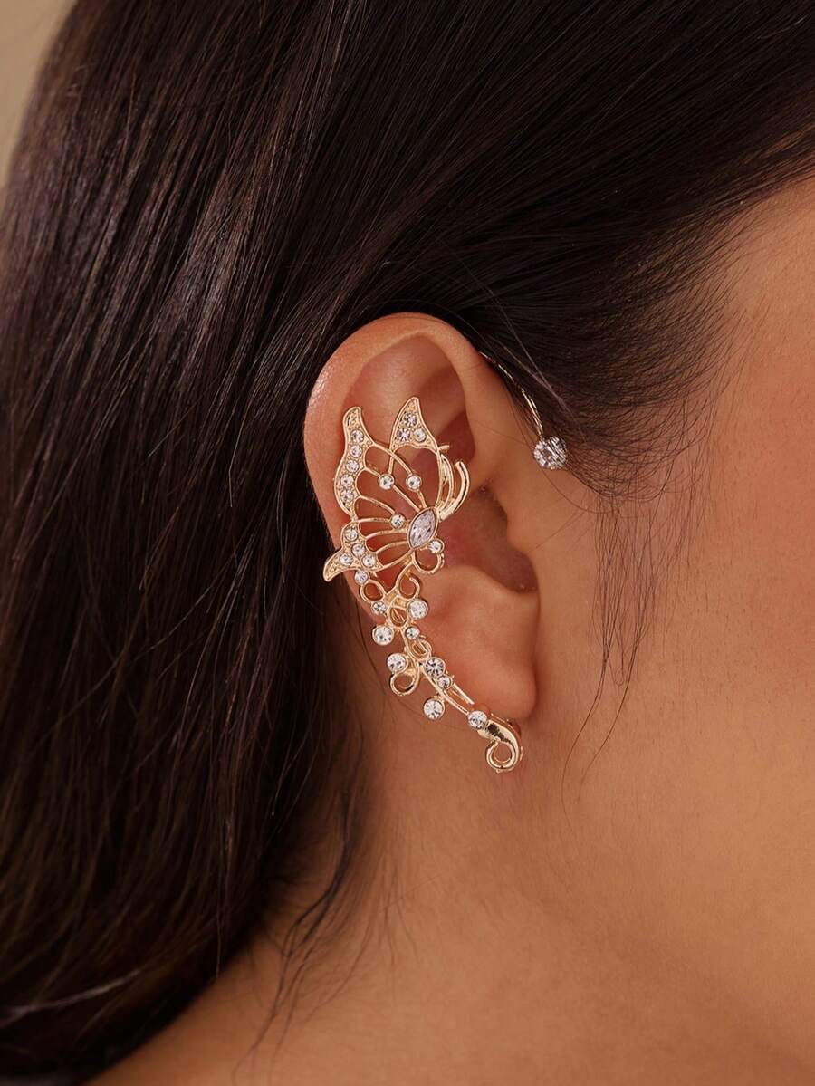 NAIZHU 1/2pcs Fashionable Luxury Butterfly Rhinestone Earrings Ear Hooks Suitable For Women Dating Daily Wear Party - Multicolor - View 1