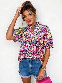 Acelitt Floral Print Ruffle V-Neck Petal Sleeve Casual Summer Top, Suitable For Daily Wear Vacation - Multicolor - View 1