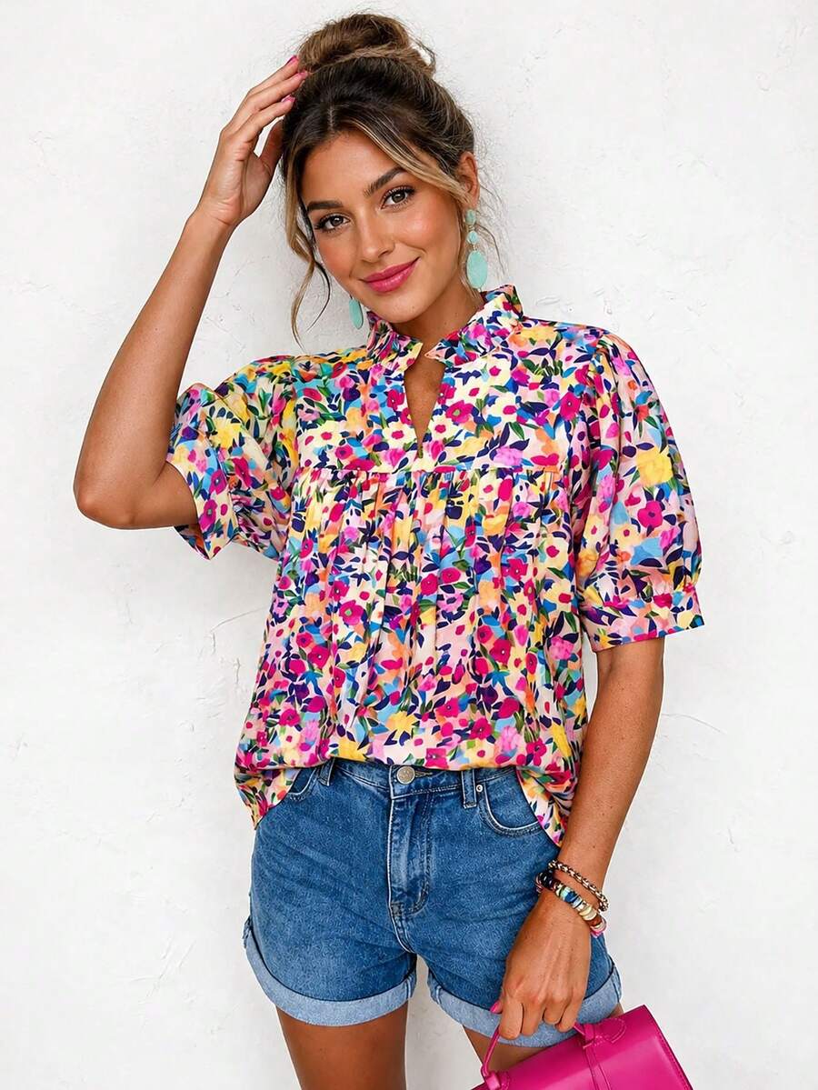 Acelitt Floral Print Ruffle V-Neck Petal Sleeve Casual Summer Top, Suitable For Daily Wear Vacation - Multicolor - View 1