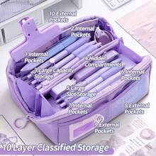 10-Layer Large Capacity Multi-Compartment Storage Bag, Multiple Colors Available (Purple, Pink, Blue, Beige, Black, Brown), Ideal Pencil Case For Students To Store Stationery, Great Organizer For Office Daily Use - Must-Have For Cashback - Multicolor - View 8