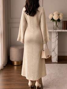 Women's Autumn Light Khaki Muslim Long Dress, Lace Bell Sleeve, Waist-Cinching, Frog Button Decor, Elegant Simple Modest Daily & Party Outfit - Khaki - View 3