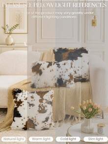 1pc Brown & White Cow Pattern Plush Pillow Case (No Filling), Modern Flannel Decorative Pillow Cover, Zipper Closure, Suitable For Home, Sofa, Living Room - White - View 9