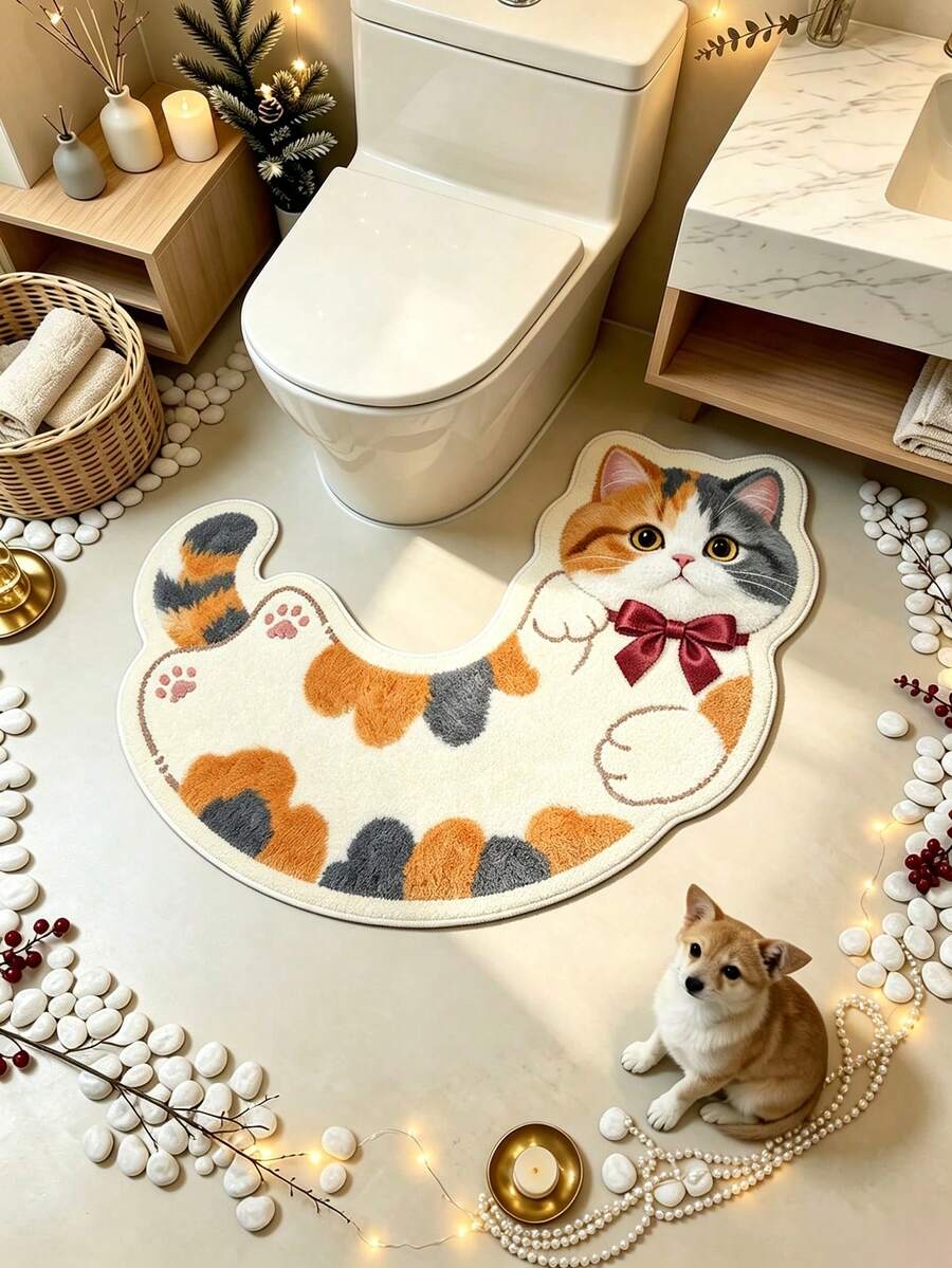 1pc Pear Blossom Cat Pattern Floor Mat, Bathroom Mat, Bathroom Rug, Door Mat, Small Rug, Carpet, Floor Mat, Home Decor, Area Rug, Outdoor Mat, Home Decor, Area Carpet, Bedroom Rug, Washable Carpet - Multicolor - View 1