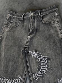 Black & Grey Centipede Embroidered Washed Distressed Denim Jeans, Street Fashion Outfit Piece, Loose Straight Wide Leg Denim Long Pants For Men - Black - View 5