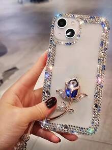 Fashion Luxury 3-Row Glass Crystal Frame Metal Rhinestone Rose With Crystal Chain Strap Phone Case, Anti-Drop Transparent Protective Shell Compatible With Iphone - Blue - View 6