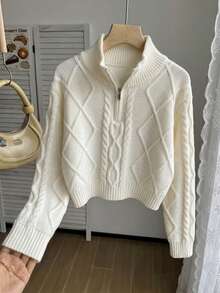 Girls' Elegant Solid Color Plaid Short Knit Cardigan Sweater, Suitable For Daily Wear, Vacation, Spring, Autumn, Winter - Apricot - View 3