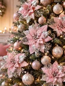 12/6pcs Pink Christmas Artificial Flowers With Clips And Sequins, Suitable For DIY Wreaths, Winter Parties, Christmas Tree Decorations And Christmas Party Decor - Pink - View 3