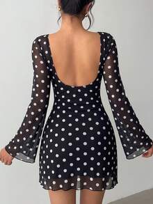 Polka Dot Backless Black Dress, Fall Women Halloween Party Concert Casual Outfit - Black - View 5