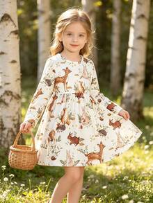 Cute Animal Forest Deer Pattern Elastic Dress For Little Girls, Suitable For Spring And Autumn - White - View 1