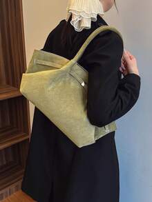 女款托特手提包，純色麂皮材質，金屬扣飾細節，大容量，極簡優雅風格，女款日常休閒四季通用包 - 綠色 - 查看 3