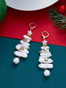 2pcs Anting Natal Desain Asimetris Bentuk Pohon Natal dan Bintang dari Mutiara Imitasi, Perhiasan Telinga Minimalis Elegan - Putih - View 4