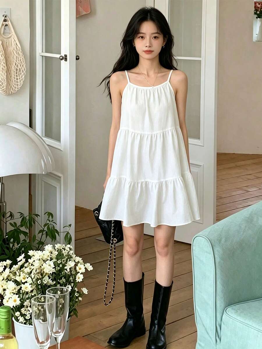 YCYC 法式復古層次荷葉邊下擺休閒寬鬆 A 字細肩帶洋裝 女款時尚套裝 優雅白色 - 白色 - 查看 1