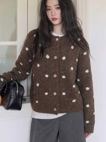 Korean Style Polka Dot Round Neck Knitted Cardigan Women Autumn/Winter Loose Versatile Soft Cozy Slouchy Sweater Jacket Fall - Brown - View 5