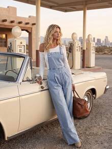 Sweet Commuter Overalls American Vintage 2026 Autumn/Winter Style Youthful Lazy Casual Collegiate Daily Versatile Light Blue Double Adjustable Straps Washed Denim Overalls Casual Minimalist High Waist Denim Jumpsuit - Light Blue - View 4