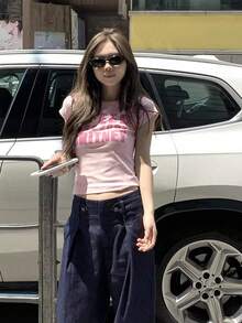 女士字母印花圆领修身短袖T恤，夏季粉色休闲款 - 粉色 - 查看 6