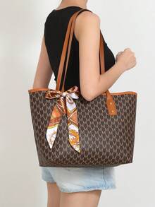Fashionable Retro Letter Print Women's Tote Bag, Zipper Closure Large Capacity Shoulder Bag, Scarf Bowknot Decoration, Suitable For Work, Shopping And Daily Use - Brown - View 3
