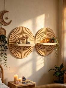 OBOVAY 2pcs Wooden Wall Mounted Bookshelf Set, Sunburst Pattern Wall Shelf, Bohemian Style DIY Handmade Wall Shelf, Wall Storage Rack, Room Decor, Bedroom Decor, Wall Decor, Home Decor, Office Decor, Kitchen Decor, Bathroom Decor, Wedding Decor, Suitable For Bedroom, Kitchen, Living Room, Bathroom, Office, Coffee Corner, Wedding, 1pc - Random Color/style - View 4