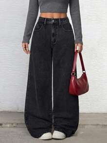 Jeans baggy negros de pierna ancha para mujer - EL051 Negro - Ver 1
