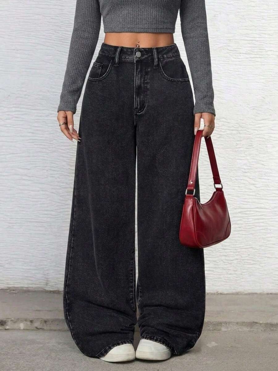 Jeans baggy negros de pierna ancha para mujer - EL051 Negro - Ver 1
