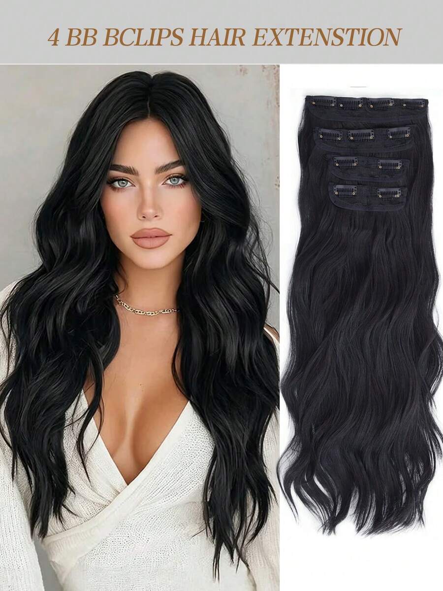 Syntehtic Long Body Wave Clips In Hair Extenstion Protain High Temperature Synthetic Hair Extensions 4Pcs/Lot Black Cool Brown Long Wavy Thick Clip-In Wig Pieces - Multicolor - View 1