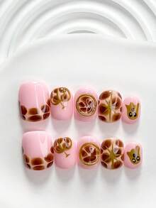 10片裝萬聖節主題可愛搞怪手工穿戴甲，Polygel美甲套組，幽靈南瓜星光設計，粉色與棕色美甲，甜美風格，附美甲工具，3種尺寸可選，方型/短方型/杏仁形，適合派對、舞會、日常配戴 - 彩色 - 查看 17