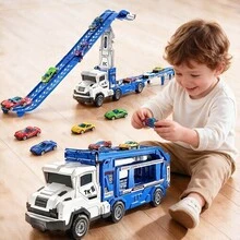 TEMI 2-In-1 Styling Dual-Track Truck, Includes 12pcs 1:12 Alloy Cars, Suitable For Children 3 Years And Above, Equipped With Dual-Track Racing Track, Best Gift For Holidays, Birthdays, Christmas - Blue - View 4
