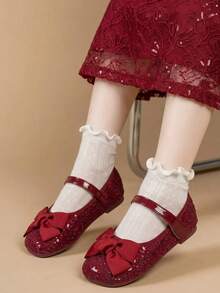 Fashionable & Beautiful Bow Girls' Autumn/Winter Flat Shiny Party Shoes - Burgundy - View 2