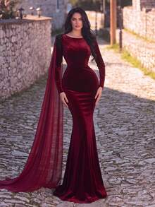 Side Draped Fishtail Hem Velvet Formal Gown - Burgundy - View 6