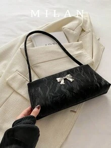純色時尚女款蝴蝶結裝飾腋下包 新款法棍包 休閒通勤單肩手提包 - 黑色 - 查看 2