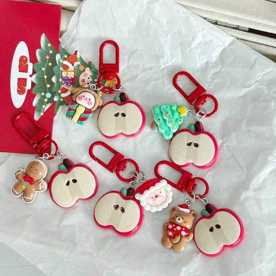1pc Christmas Theme Cartoon Keychain, Apple Slice With Holiday Pendant, Colorful 3D Character Charm, Bag Accessory, Lobster Clasp Design, Cute Festive Gift, Multiple Styles - A - View 1