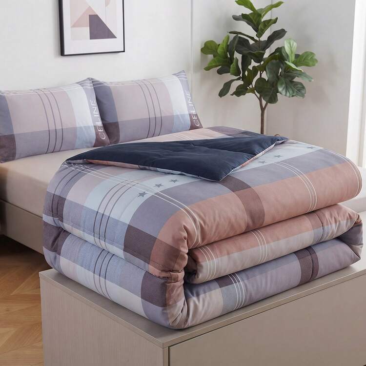 Edredón Matrimonial de Lujo Doble Vista Piel de Ángel, Suave y Acolchado, Incluye Edredón Relleno, 2 Fundas de Almohada, Sábana Superior y Sábana Ajustable (5 Piezas en Total) - Azul Marino - Añade 6