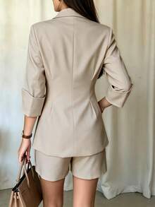 Women's Autumn Elegant Solid Beige Two Pieces Set For Women Longline Button Stand Collar Blazer And High Waist Shorts Chic Fall Formal Office Outfits - Beige - View 3
