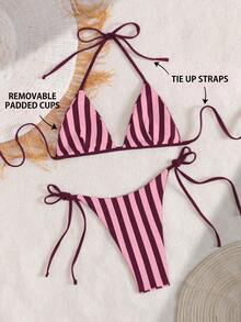 Women's Swimwear; Fashion; Purple Two Pieces Swimwear; Summer Beach; Bikini Set; Random Print. Vacation - Pinkish Brown - View 4