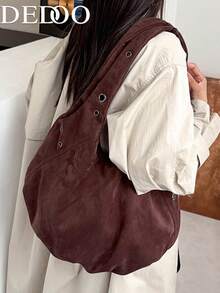 Dedoo 咖啡色麂皮 Hobo 肩背包，金屬孔眼鉚釘大容量復古休閒女包，適合秋冬通勤旅行 - 咖啡 - 查看 6