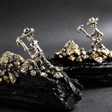 1pc Natural Black Stone Pyrite Miner Figurine, Handcrafted Mineral Cluster Specimen, Desktop Decor Collectible Gift, Random Shape - Black Tourmaline Miner - View 7