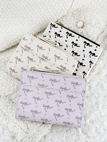 Fashionable Bow Print Women's Credit Card Holder, Zipper Fold Closure With ID Window, Suitable For Outdoor And Travel - White - View 5