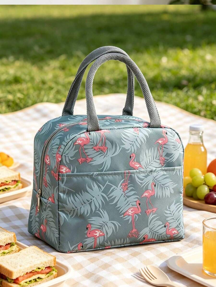 1pc Crane Pattern Portable Lunch Bag, Reusable, Leak-Proof, Stain-Resistant, With Side Water Bottle Pocket, Insulated Large Capacity Tote Bag, Suitable For Travel, Work, Picnic, Beach, Christmas And Halloween Gift - Baby Blue - View 1