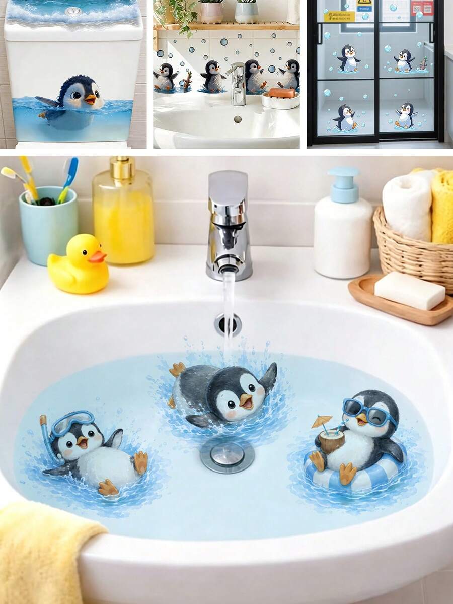 1/2 Sheets Cute Cartoon Penguin Bathroom Sink Decals, Self-Adhesive Removable PVC Wall Stickers For Kids Room Nursery Decor Toilet Sticker - Multicolor - View 1