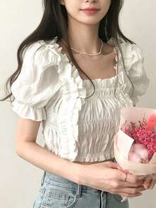 YCYC 夏季甜美荷葉邊飾短版純色休閒 V 領上衣 - 白色 - 查看 3
