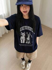 女款圓領寬鬆休閒T恤，可愛貓咪字母印花，適合春夏季 - 藏蓝色 - 查看 1