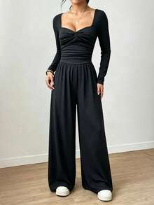 Women's Autumn/Winter Square Neck Front Twist Design Solid Color Pleated Casual Minimalist Daily Wear Jumpsuit - Black - View 5