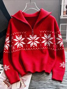 Christmas Red Half-Zip Collar Sweater, Casual Holiday Vacation Date Wear - Red - View 3