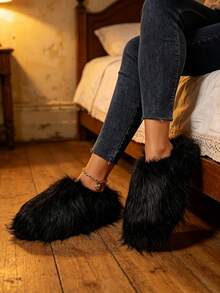 Women's Fuzzy Long Fluffy Fur Mule Slippers, Winter Warm Closed Toe Slip On Shoes, Indoor Outdoor Fashion Plush Slides - Black - View 6