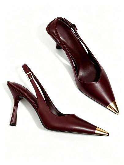 Burgundy Metallic Pointed Toe Slingback High Heels For Women, Elegant V-Cut Low Vamp Pumps, 7.5cm Mid Heel, Versatile For Party, Commute, Dating, Sexy Vibe, Foot-Slimming Women's Shoes